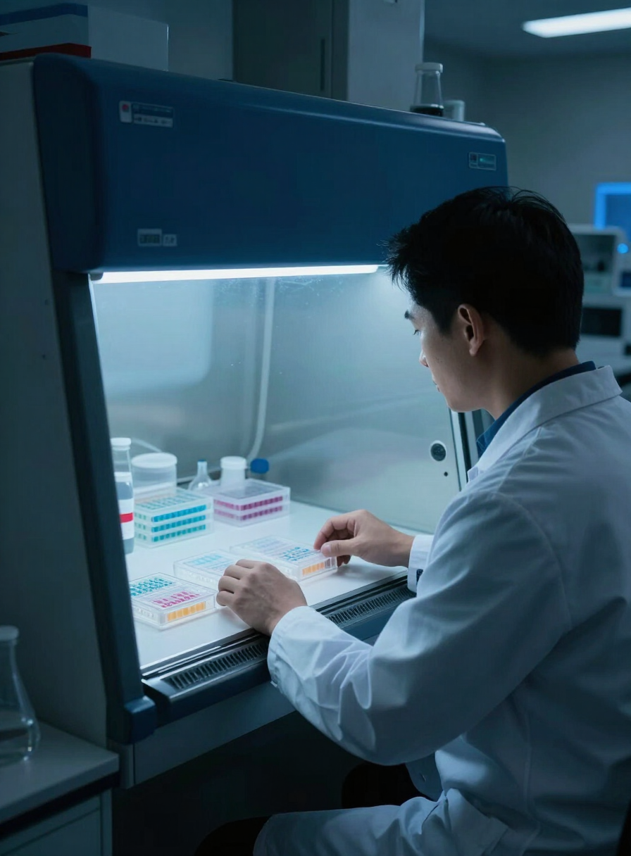 Research scientist working at a biosafety cabinet in a modern biotech laboratory