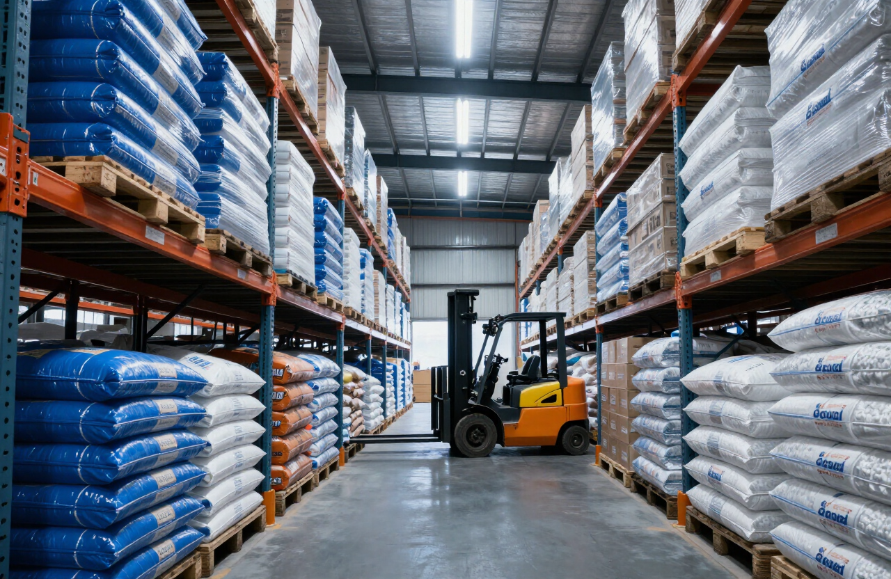 Revanta Polymers distribution warehouse with palletized polymer resin