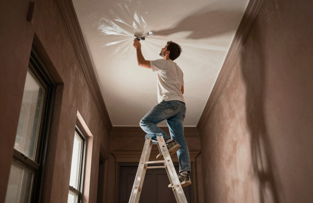 Illustrative painter on a step ladder painting a tall Hoboken brownstone ceiling with consistent sheen