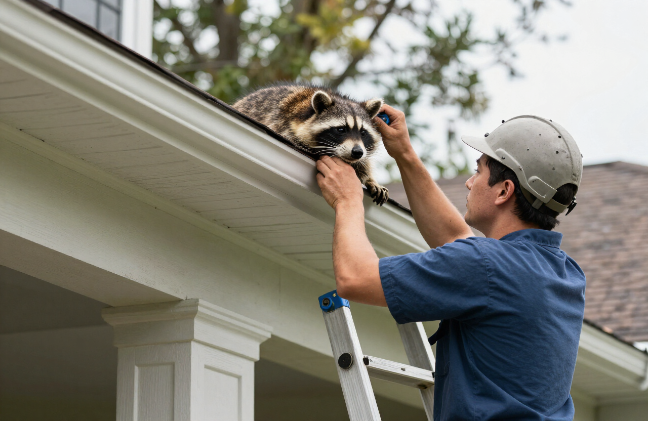 Professional inspection of a roofline soffit and possible raccoon entry point on a Houston-area home exterior