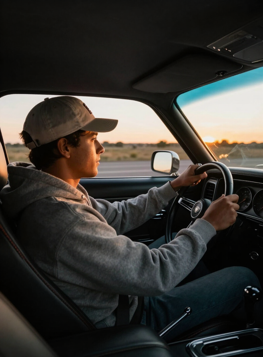MCM cap worn driving a classic muscle car on an open road at sunset