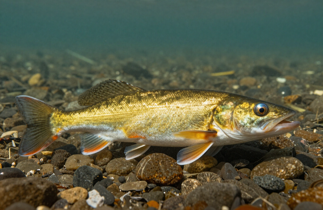 Un walleye con cuerpo dorado-oliva y grandes ojos vítreos en agua clara del río sobre grava