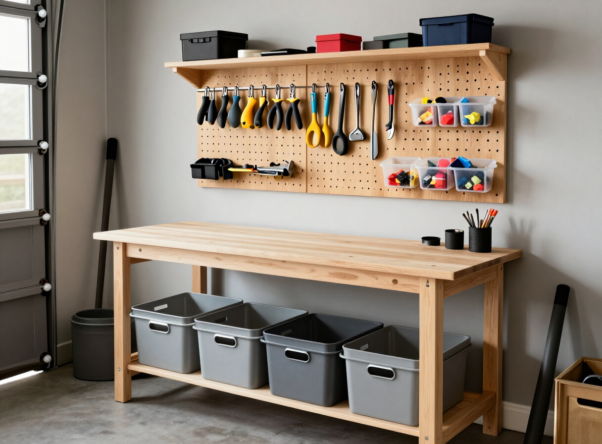 A finished DIY wooden workbench with a lower shelf holding storage crates, a wall-mounted pegboard with organized hand tools, and small parts containers in a tidy garage workshop
