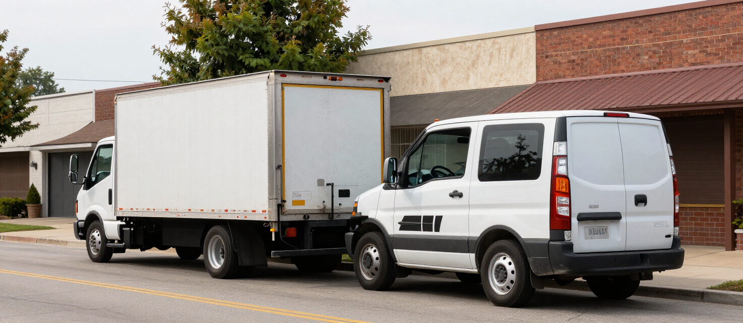 Box truck and delivery van on a Kansas City suburban commercial street in soft daylight