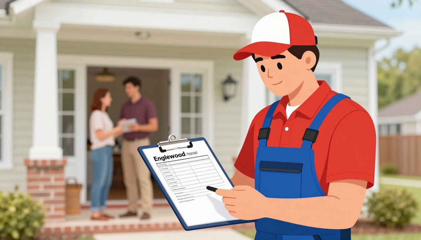 Illustrative painting contractor reviewing a written estimate with a homeowner in an Englewood NJ home