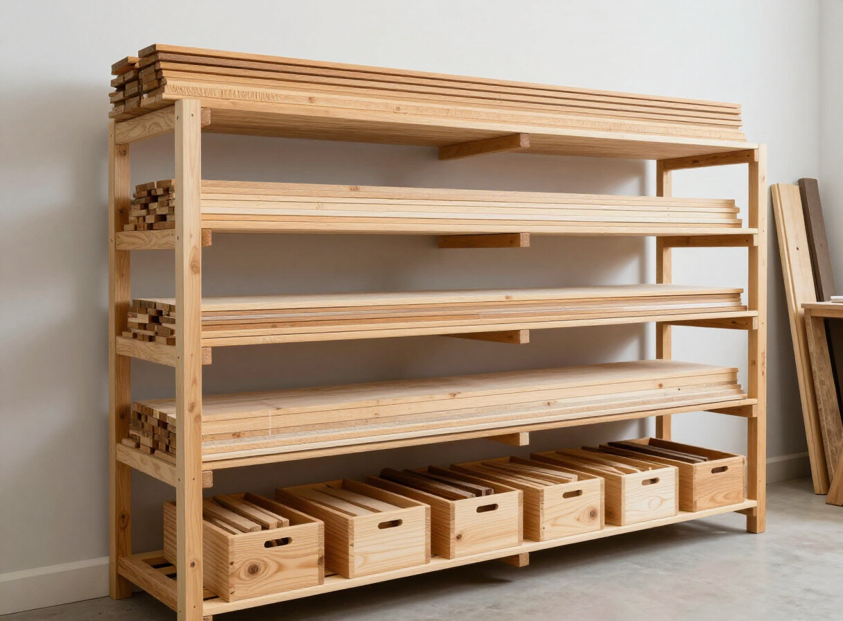A dedicated wooden lumber storage rack in a small workshop holding neatly organized boards of various lengths vertically and horizontally, with sorted offcuts separated by size in bins below