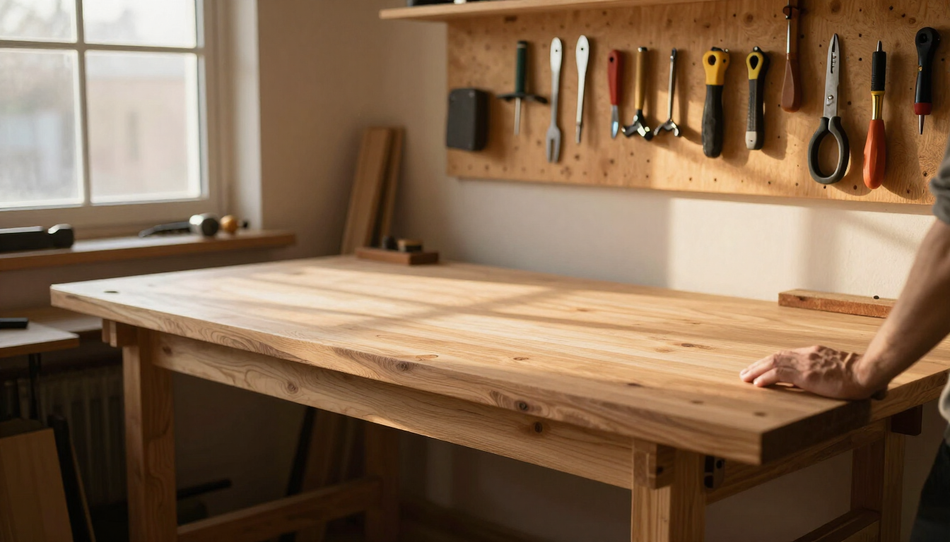 A finished DIY wooden workbench in a small workshop at golden hour, warm light streaming through a window, hand tools organized on a pegboard behind it, a woodworker hand resting on the solid worktop
