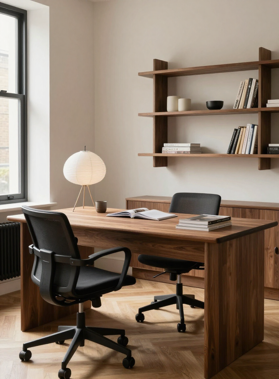 Calm home office with a walnut desk, ergonomic chair, and paper lamp