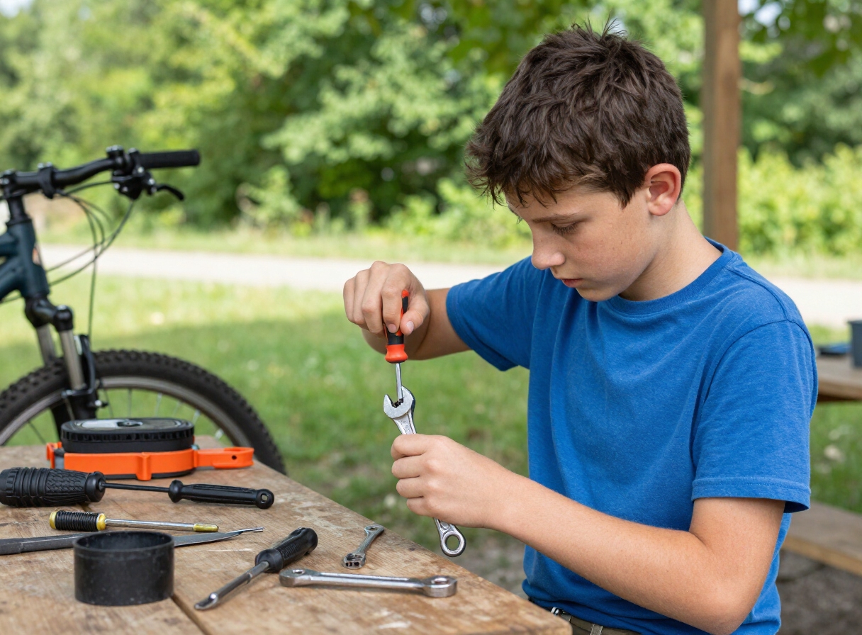 Ragazzo che impara a riparare una bicicletta con gli attrezzi