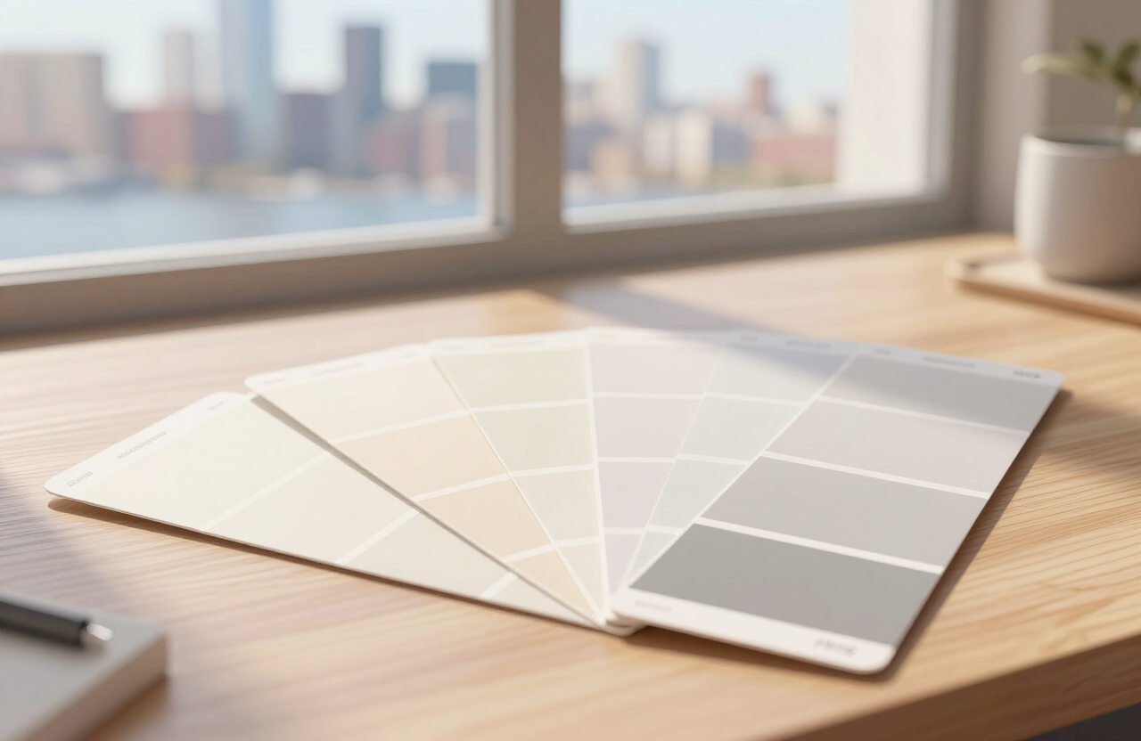Illustrative paint color swatch samples fanned out near a window with Hoboken city daylight