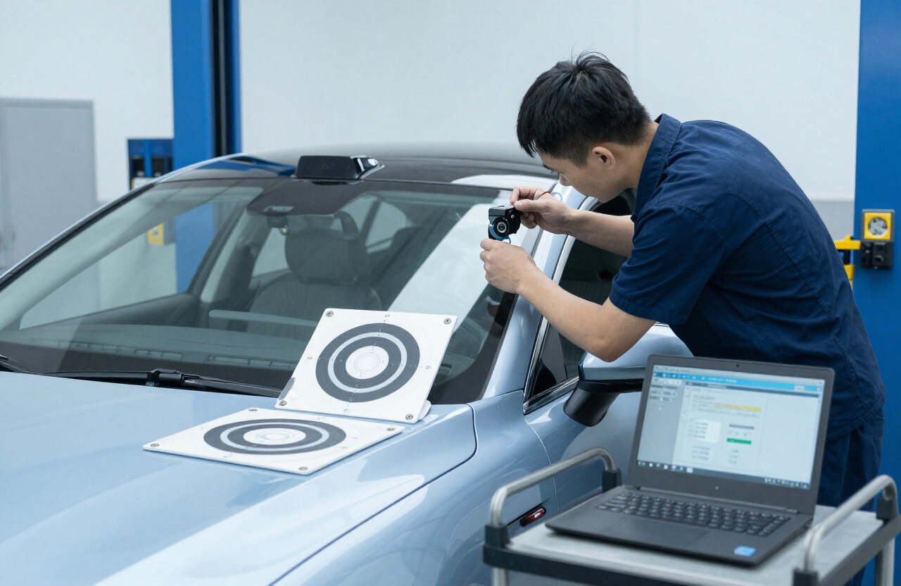 Technician performing ADAS camera calibration with target boards and diagnostic equipment after windshield replacement