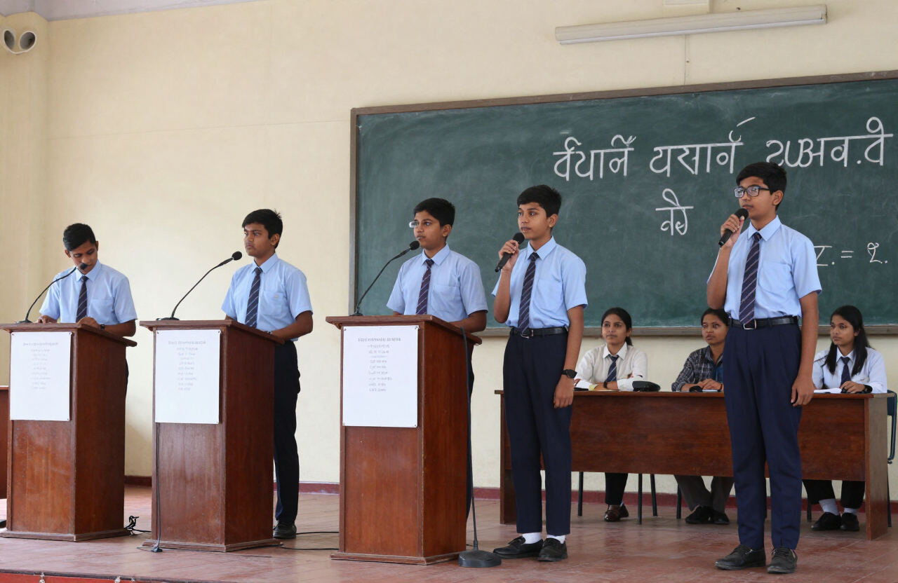 Himali students competing in a school quiz competition on stage