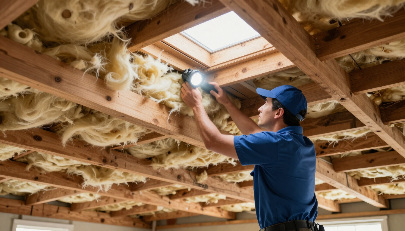 Attic wildlife inspection inside a clean Houston home with roof framing and insulation