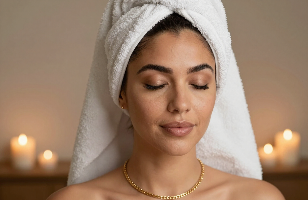 Woman with a towel wrap resting before a spa treatment in warm light