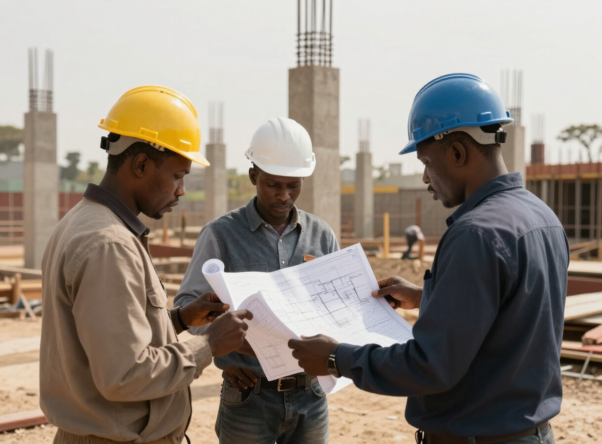 Ingénieurs examinant des plans sur un chantier de construction
