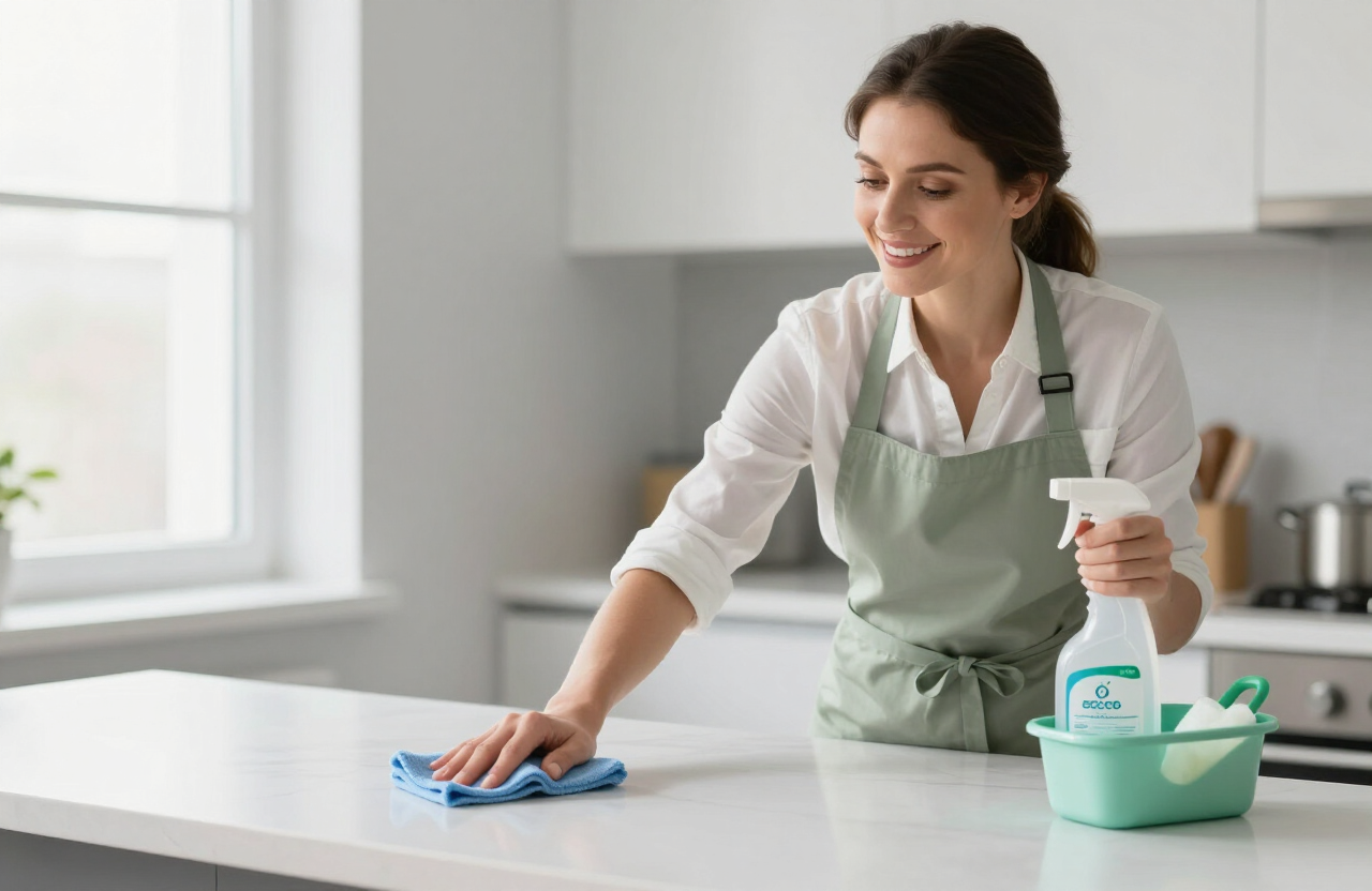 A Simply cleaner in a sage apron wiping a bright kitchen counter