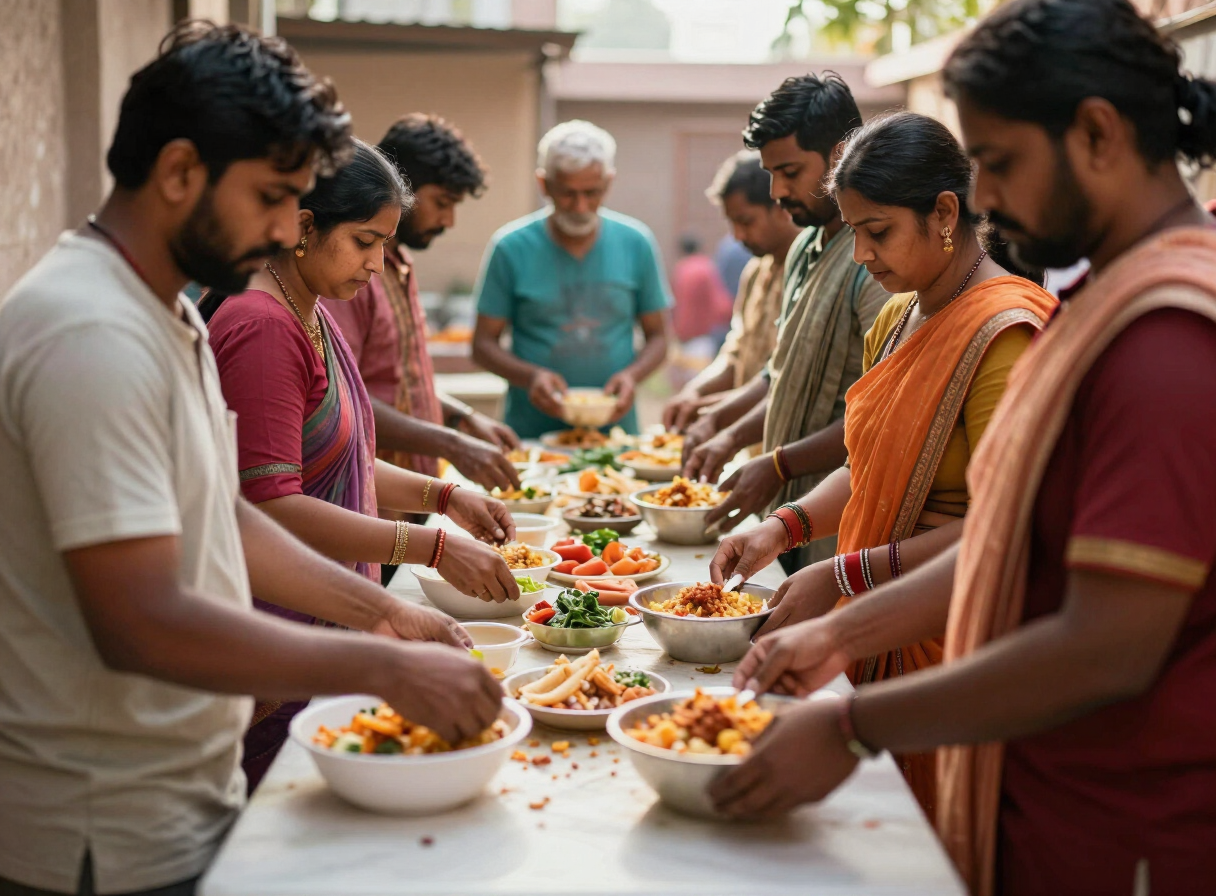 Community volunteers preparing food together in India