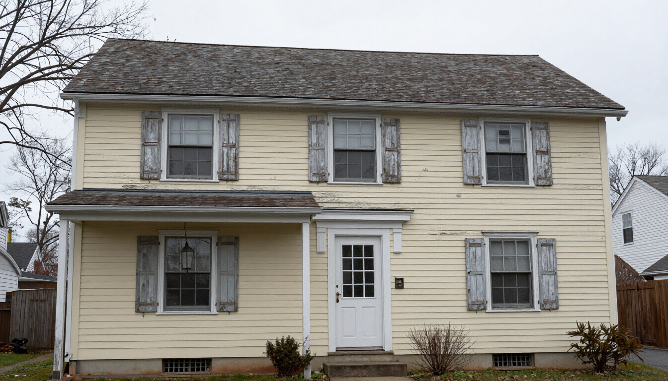 Hasbrouck Heights NJ Cape Cod home before exterior color refresh with peeling cream paint