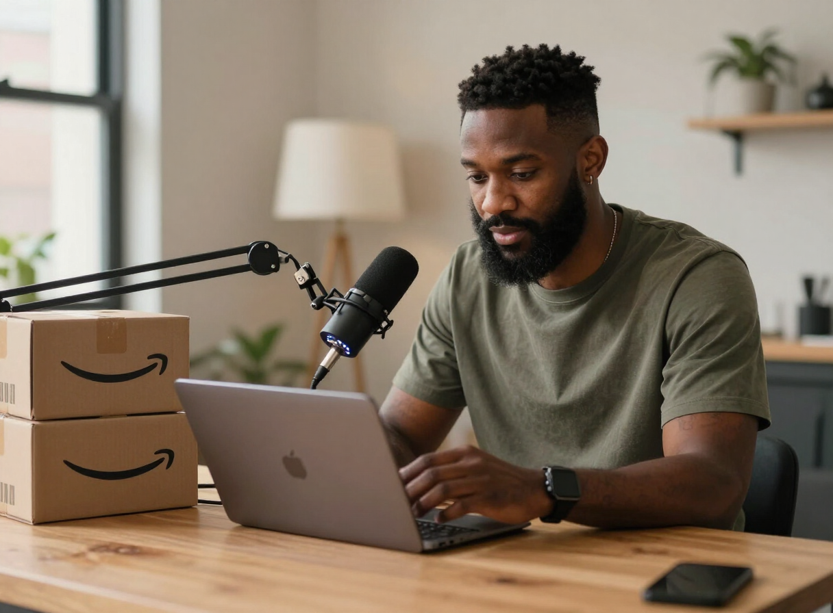 Creator reviewing a gadget on camera with Amazon boxes nearby
