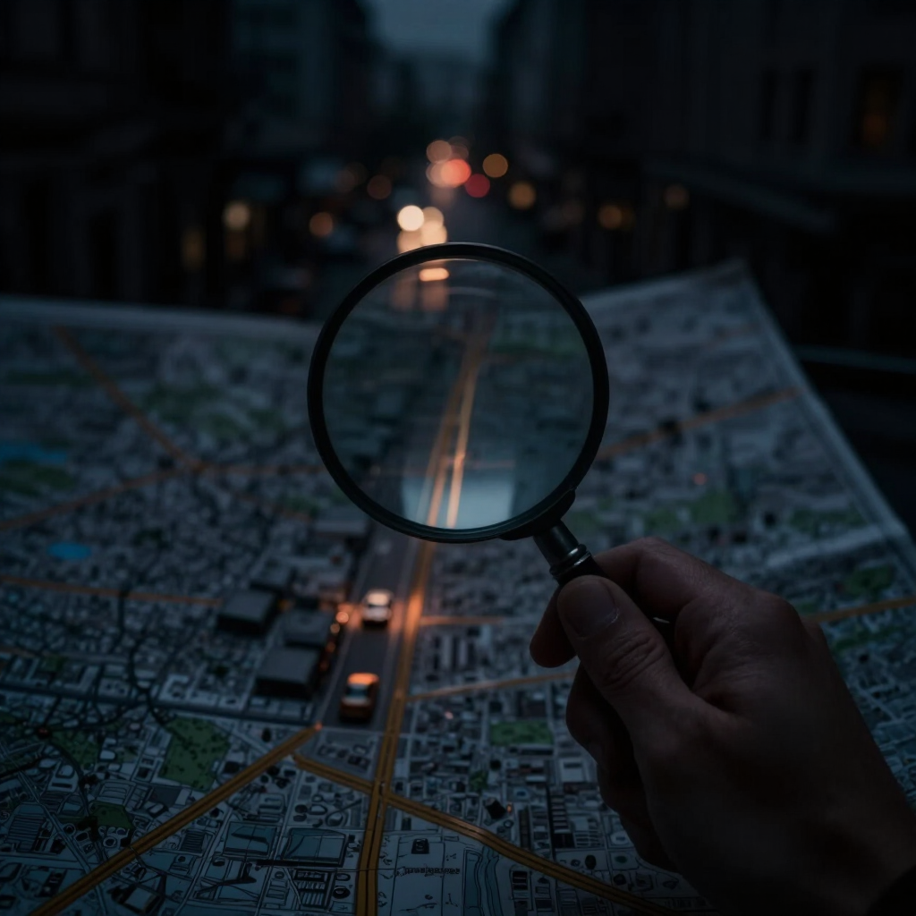 A hand holding a magnifying glass over a blurred city map, with one street in sharp focus