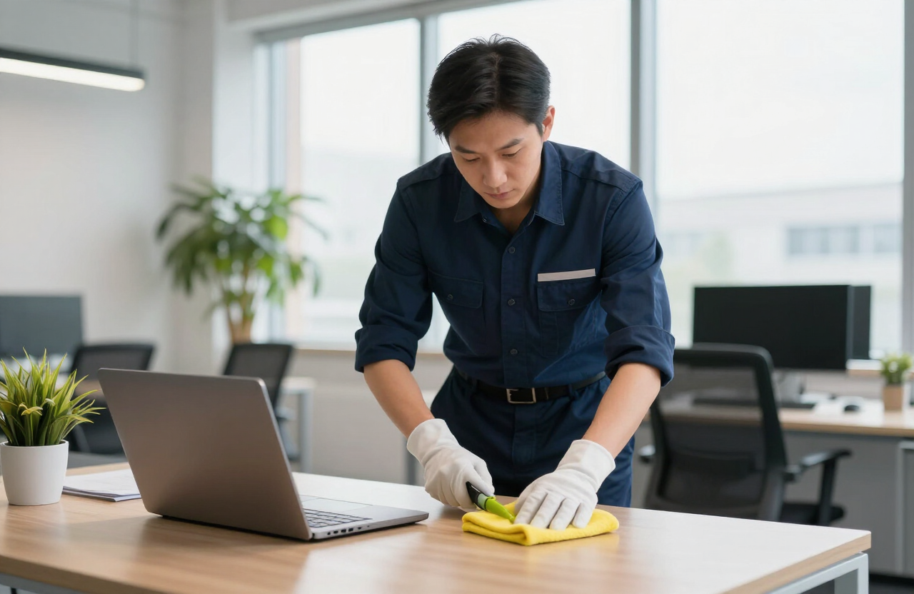 Schoonmaker van SULANTIS reinigt een werkplek in een modern kantoor