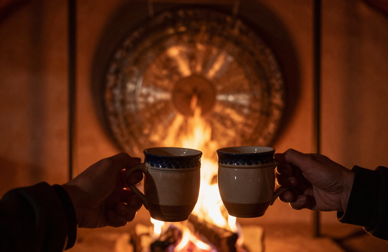Hands around mugs by firelight, the gong behind.