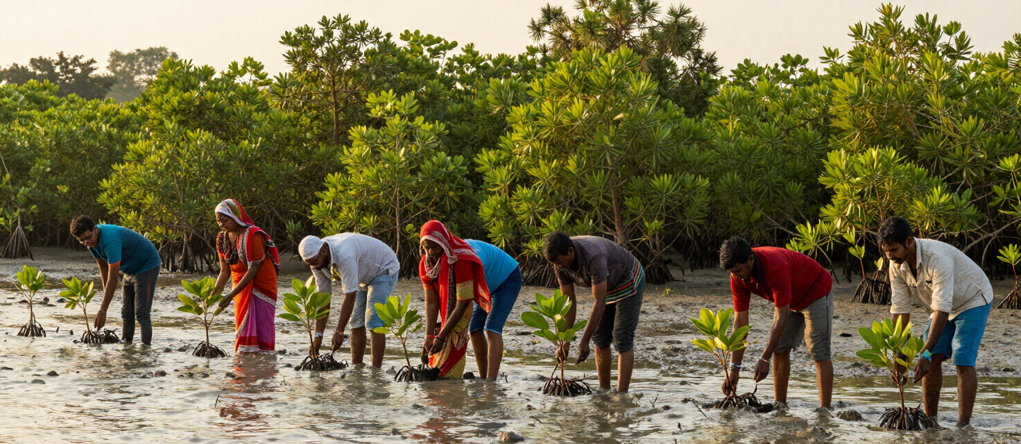 Community volunteers planting mangrove saplings in the Sundarbans delta, West Bengal