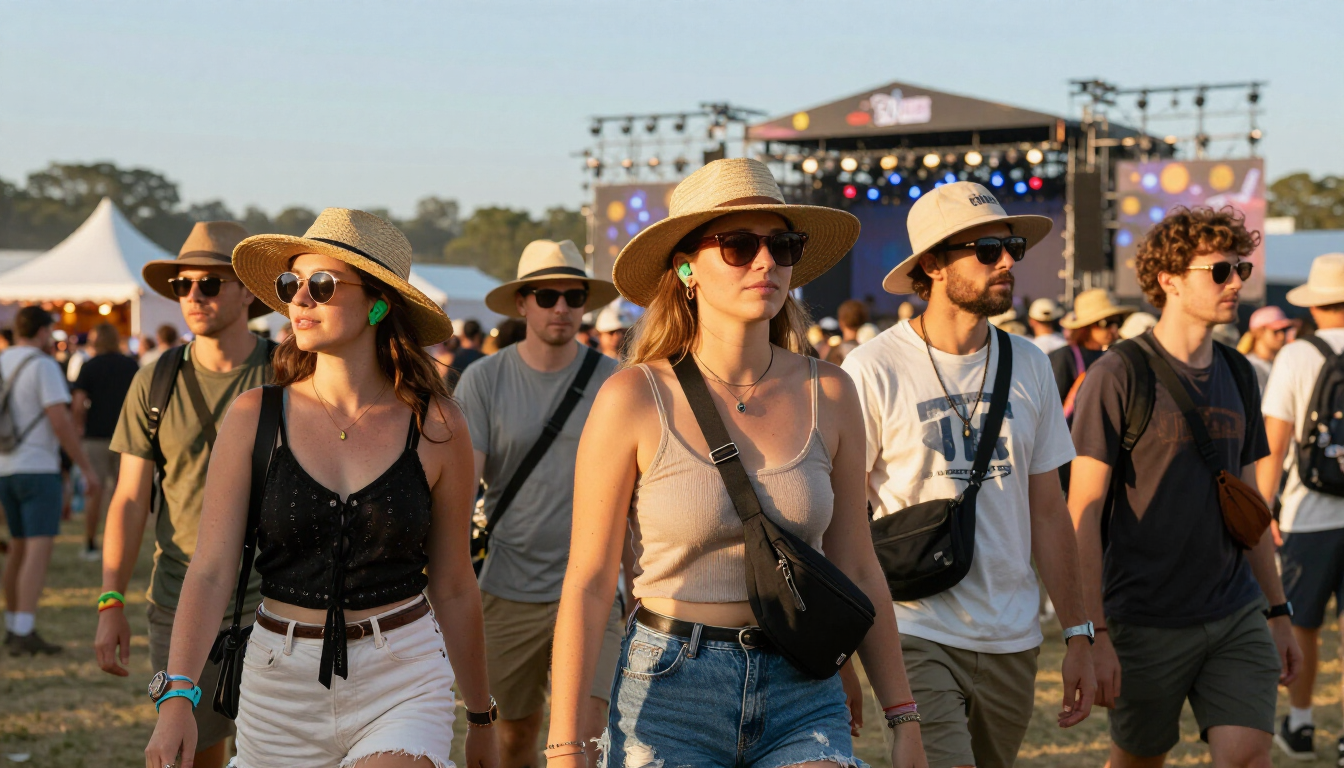 Festival attendees wearing protective gear including hats, earplugs, and crossbody bags at an outdoor music stage