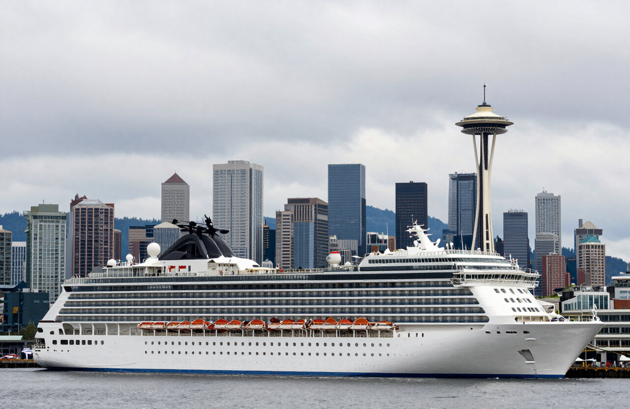 Cruise ship docked at a Seattle cruise terminal on Elliott Bay with the Seattle skyline, Space Needle and Olympic Mountains in the background