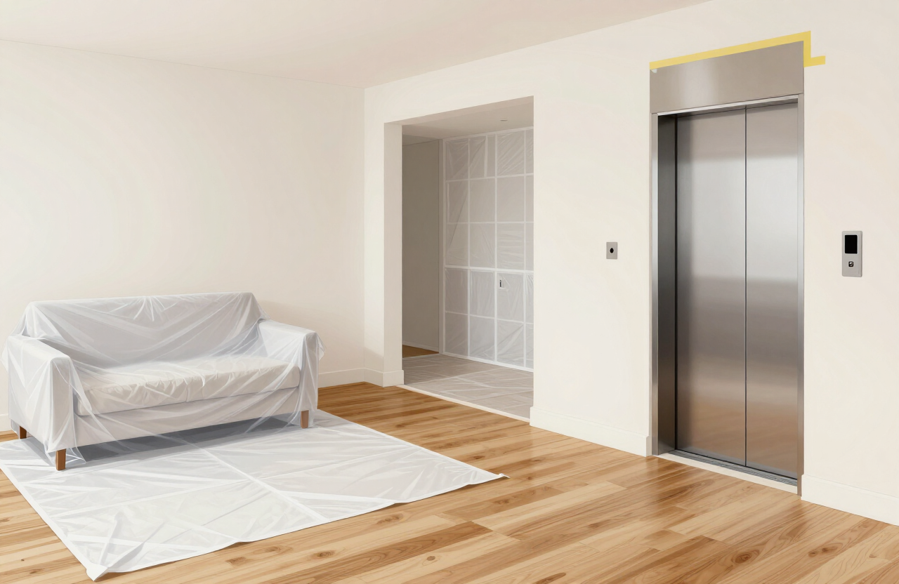 Illustrative interior painting prep with drop cloths, painter's tape, and protected hardwood floors in a Fort Lee NJ high-rise condo