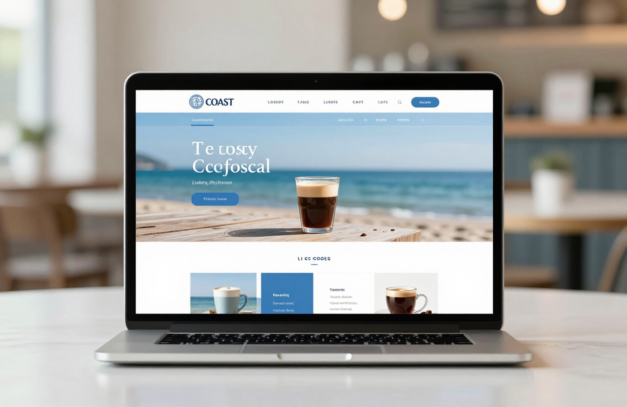 Coastline Café website displayed on a laptop