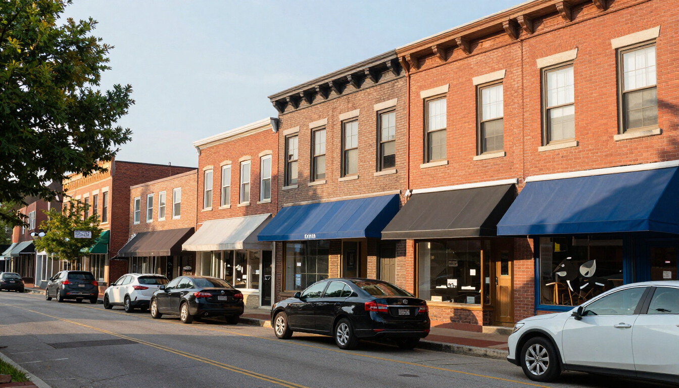 Charming Kansas City neighborhood main street with brick buildings, storefronts and parked cars on a quiet afternoon
