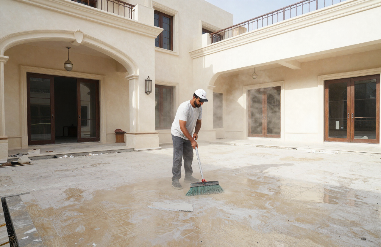 عامل تنظيف يزيل بقايا البناء من حوش فيلة جديدة في قطر