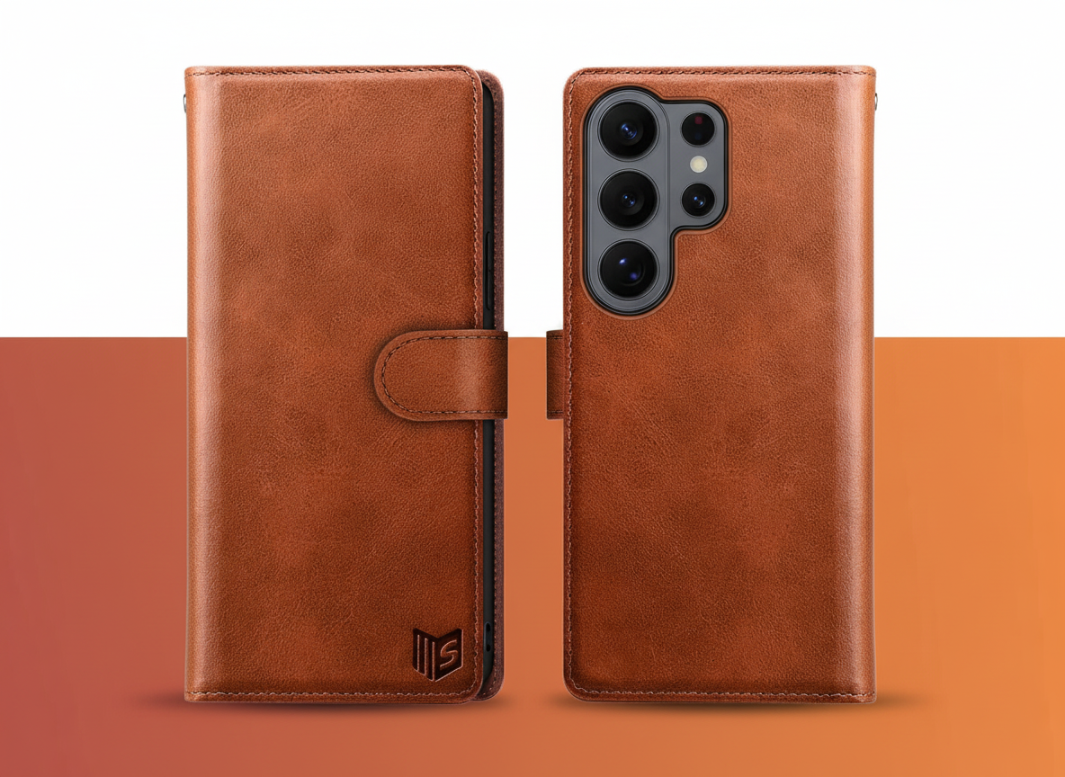 Cognac Leather Flip Wallet Case in Brown