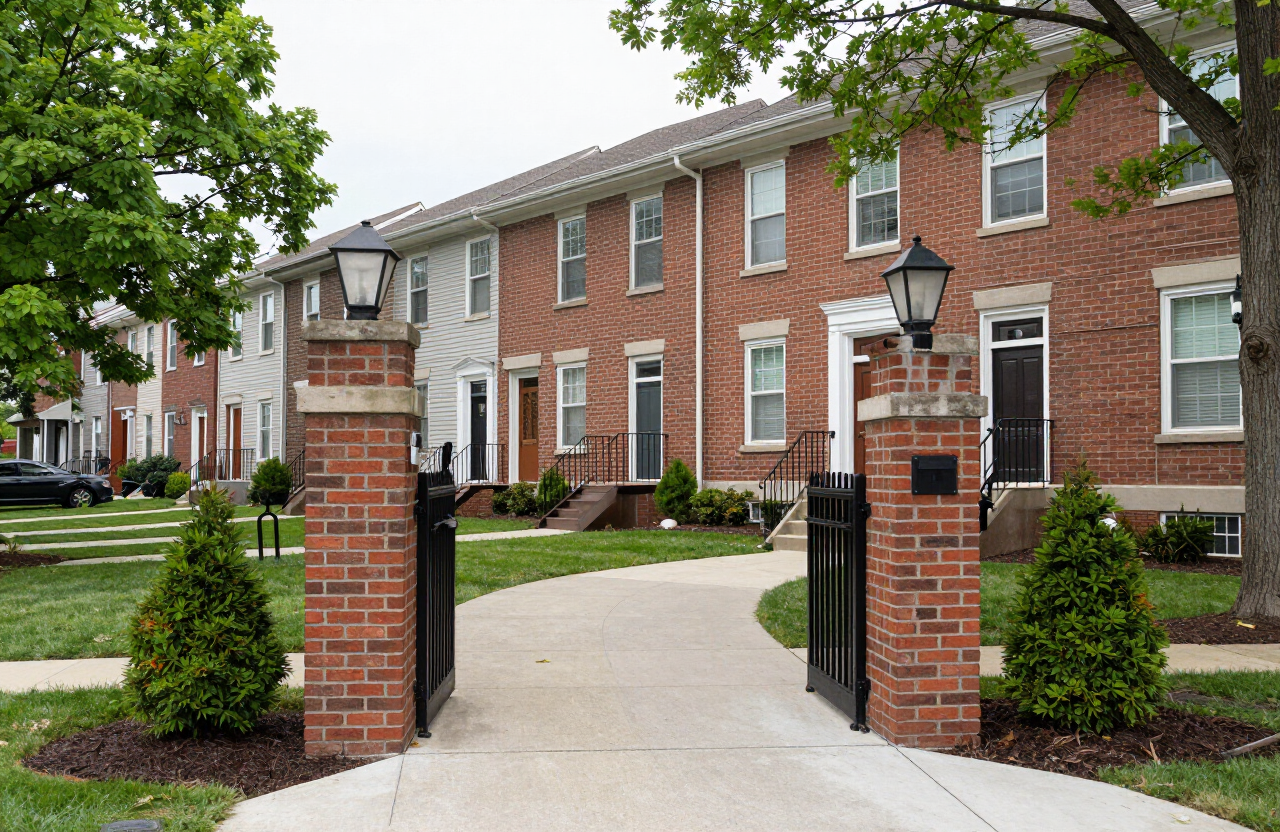 Secaucus NJ townhome community entrance with brick pillars and uniform townhomes