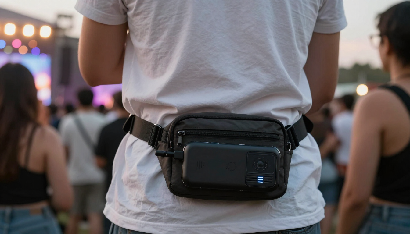 Festival-goers in a crowd with a compact portable charger visible on a belt bag, stage lights in the background.