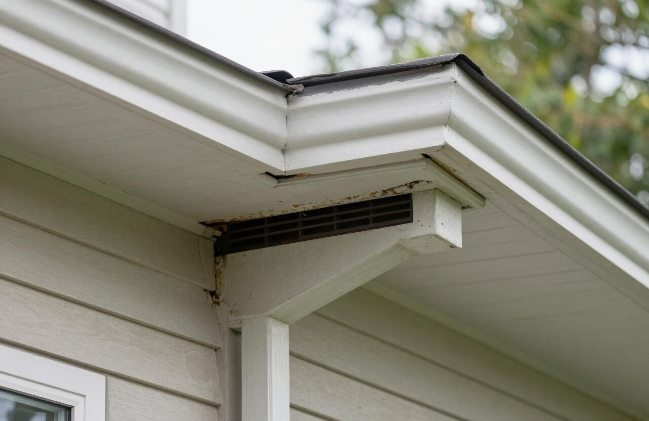 Close-up of a possible bat entry point around a roofline soffit gap and vent on a Houston home