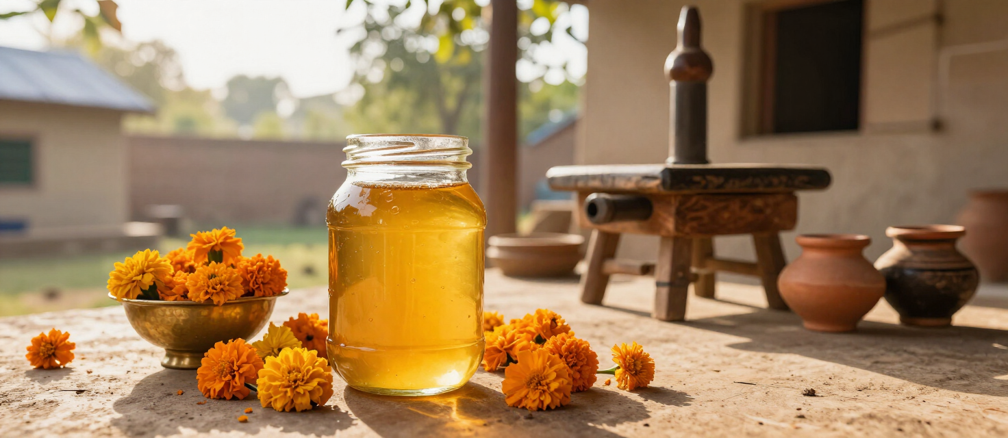 Golden ghee in a village kitchen