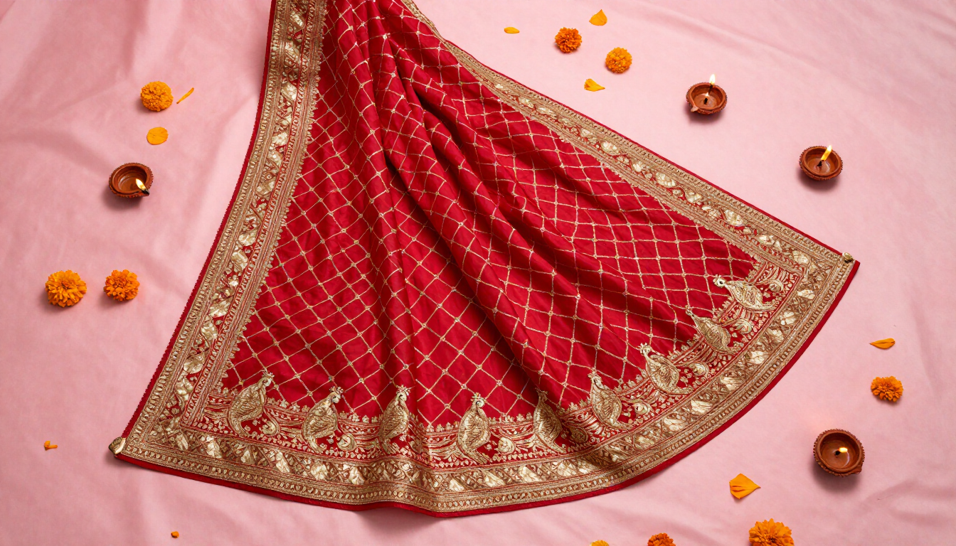Diwali festive chunri with gold zari work and diya lamps