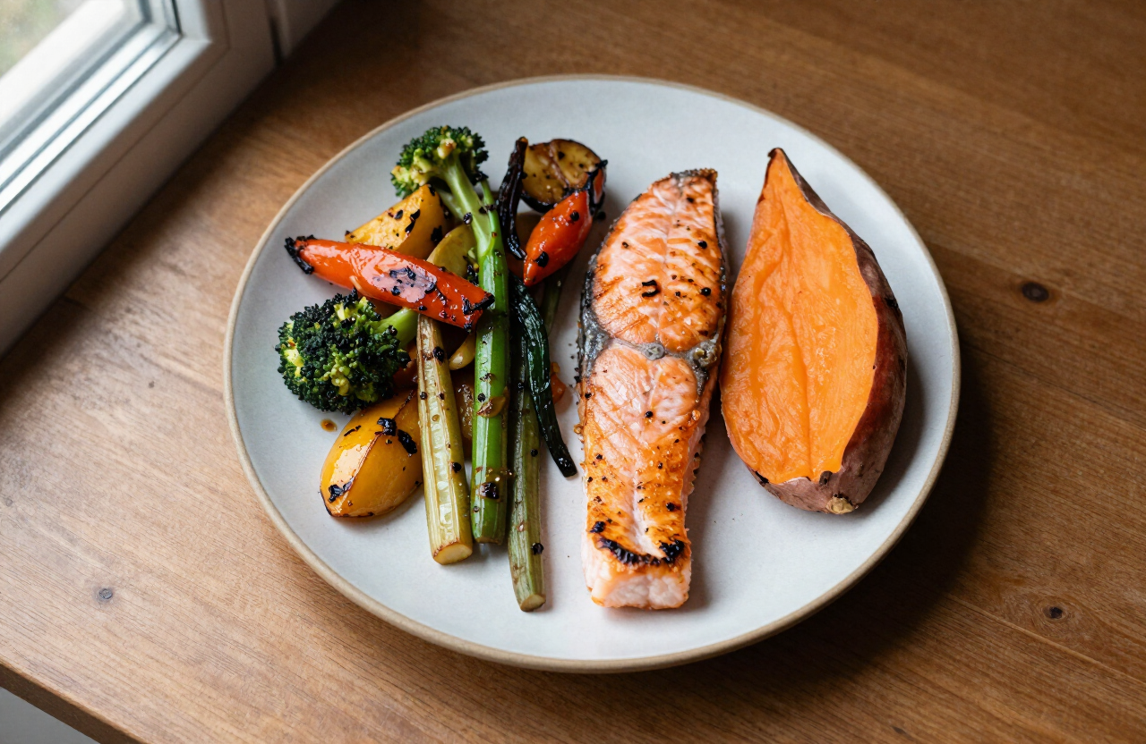 A balanced meal with salmon, vegetables, and sweet potato, illustrating flexible food choices without strict rules