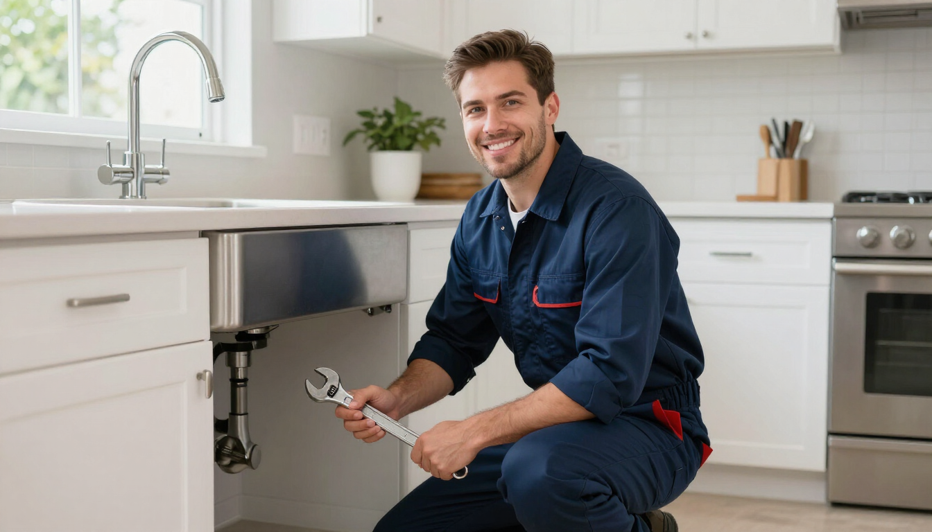 Professional Dallas plumber in navy uniform repairing under a modern kitchen sink