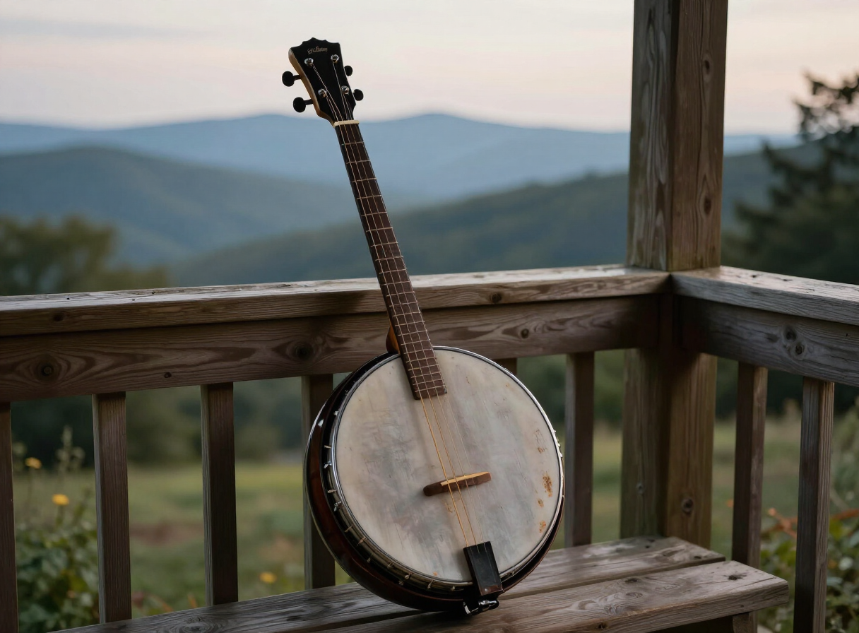 A weathered open-back Appalachian banjo resting on a wooden porch railing in Southwest Virginia, Blue Ridge mountains blurred in the background at evening