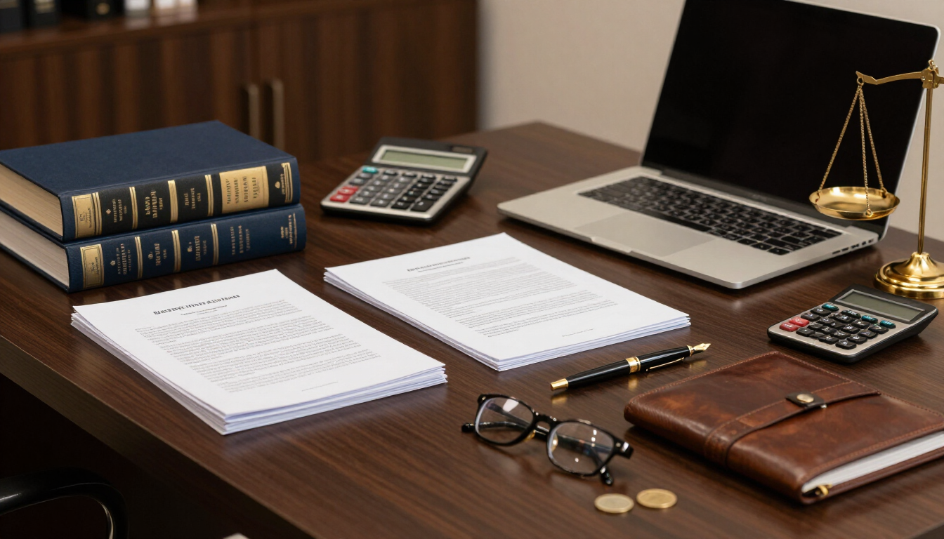 Ambiente de escritório jurídico de advocacia tributária: documentos, livros de legislação, notebook, calculadora e caneta sobre mesa escura, com tons dourados institucionais