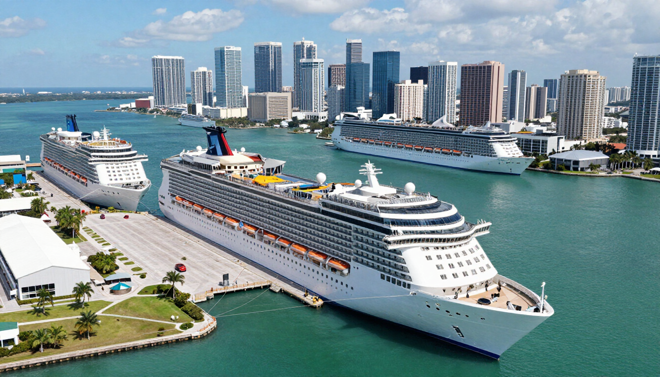Aerial view of PortMiami cruise terminal on Dodge Island with cruise ships docked and the downtown Miami skyline in the background