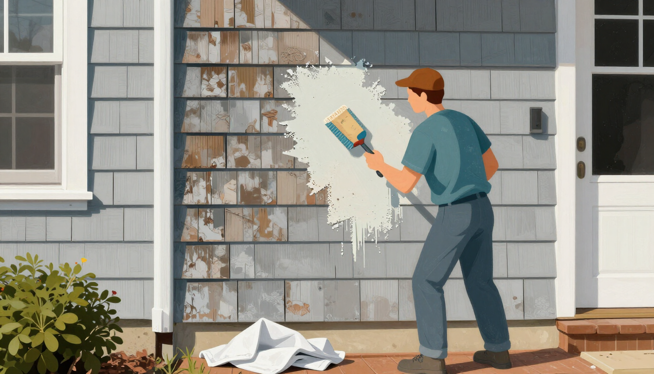 Illustrative painter scraping and sanding loose old paint from exterior clapboard siding on an Englewood NJ Colonial