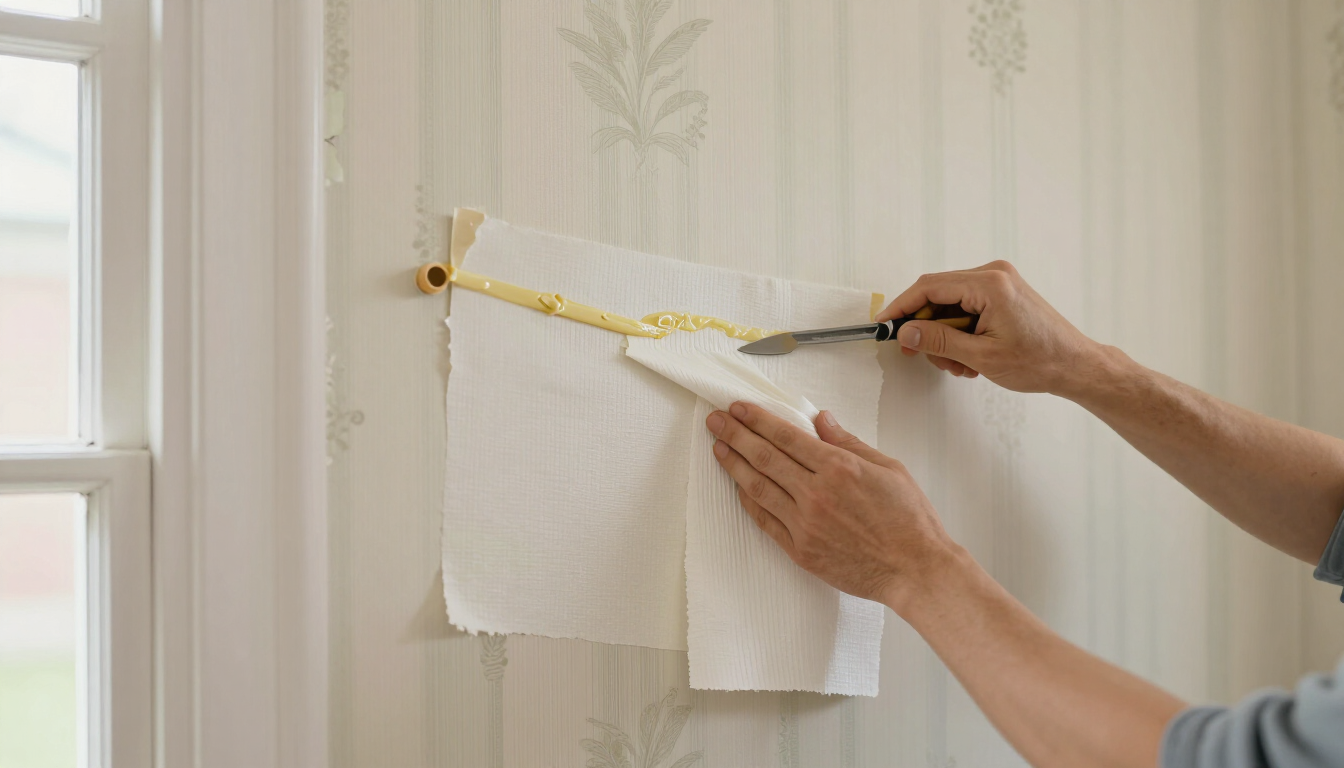 Illustrative wallpaper being carefully stripped and removed from a wall in an Englewood NJ older home