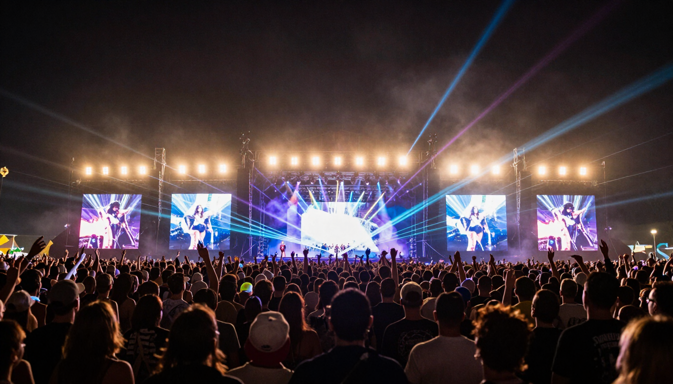 Crowd dancing at an outdoor electronic music festival at night with colorful stage lights and lasers