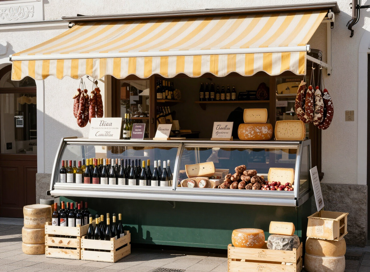 Italienischer Feinkost-Marktstand von 500 Wine & Food mit gestreifter Markise auf einem Wochenmarkt in Wien