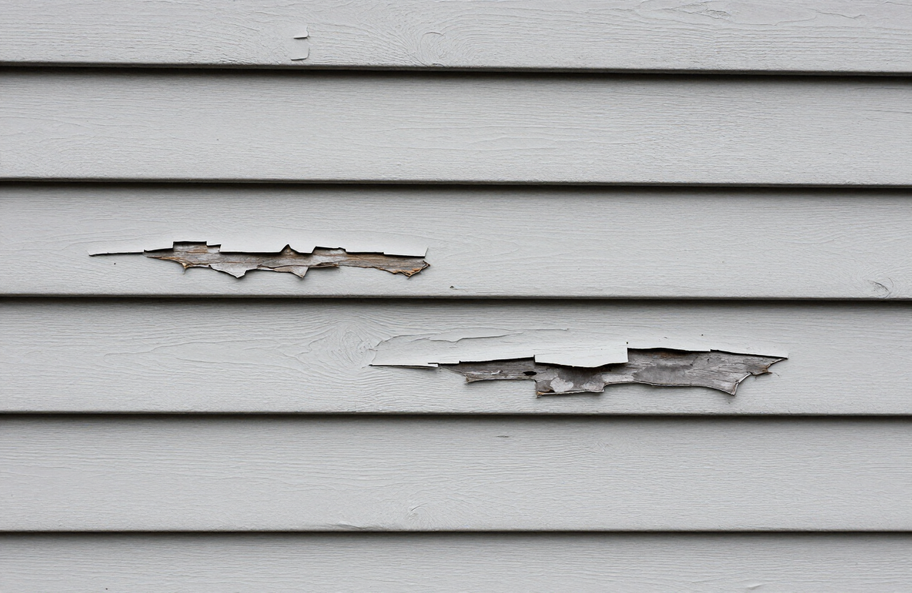 Close-up of wind-damaged peeling exterior paint on East Rutherford NJ home siding