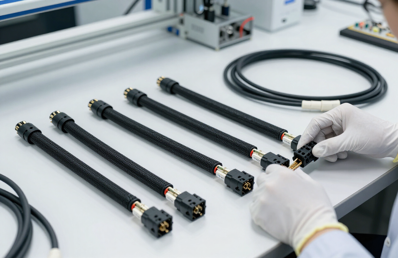 Cable and wire harness assemblies on an ESD workbench in an electronics integration lab